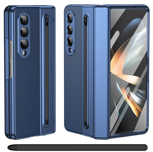 pour Galaxy Z Fold 3 Coque avec Stylet, Protection Charnière + Support S Pen + Protecteur d'écran en Verre Trempé, Housse en Cuir pour Samsung Galaxy Z Fold3-Bleu
