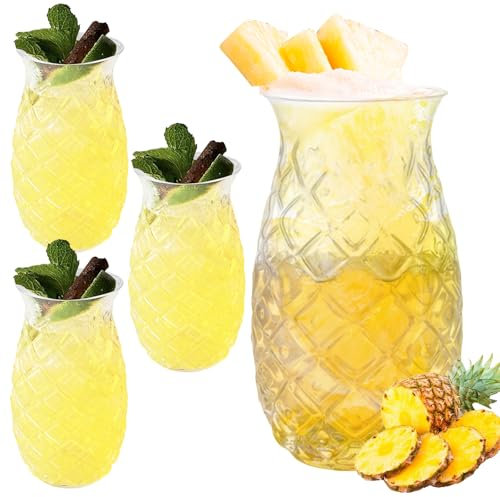 WANDGU Lot de 4 verres à ananas : 400 ml gobelets à cocktail transparents avec relief ananas, verres réutilisables, verres à jus, verres à long drink transparents en été, parfaits pour la maison, les