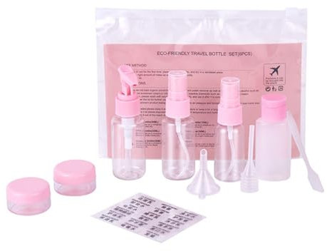 Travel Bottles for Toiletries,9 PCS Leak Proof Refillable Travel Containers Liquid Containers with Clear Toiletries Bag for Cosmetic Shampoo Lotion Makeup Shower Hand Soap (pink)