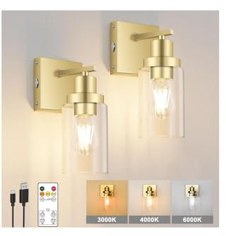 Battery Operated Wall Lights Set of Two,E27 Industrial Vintage Wall Sconce Dimmable 3000K/4000K/6000K Wireless Wall Light with Remote, Glass Shade Rechargeable Wall Lights Indoor,Bulbs Included,Gold
