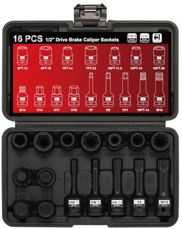 Mayouko 16PCS 1/2 Drive Impact Brake Special Caliper Socket Set, 5PT 7PT 10PT M14 M18 & Hex Sockets Compatible for Audi/VW/Ford/Porsche/Benz/BMW/Mazda