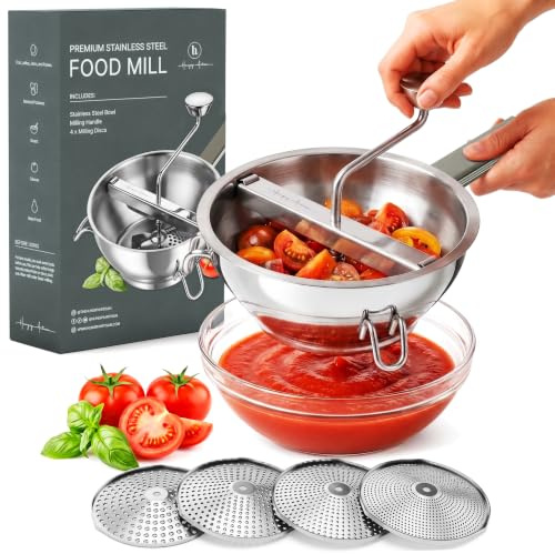 Premium 4-Disc Stainless Steel Food Mill – Ergonomic Rotary Hand Crank for Tomato Sauce, Canning, Applesauce, Baby Food, Mashed Potatoes, Puree & Jams