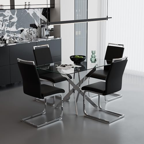 GOLDFAN Esstisch Set mit 4 Kunstleder Hochlehner Stühlen Rechteckiger Glastisch mit 4 Stuhl für Küche, Esszimmer & Wohnzimmer (110cm, Schwarz)