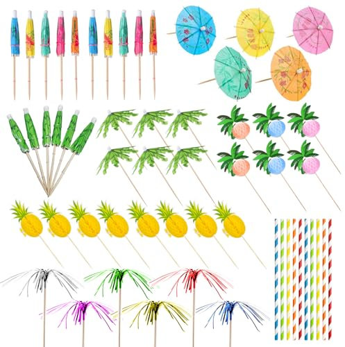 140PCS Cocktail Accessories for Drinks Reusable Paper Cocktail Umbrellas Straws Fruit Labels Tropical Summer Drink Accessories for Beach Summer Accessories Hawaii Party