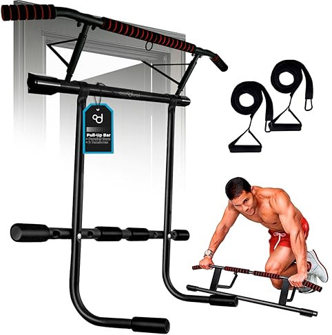OcioDual Barra de Dominadas Puerta con Estación Dip y Correas de Entrenamiento en Suspensión, Pull Up Bar Door, Dips, Ejercicio en Casa, Barra Dominadas Puerta Plegable