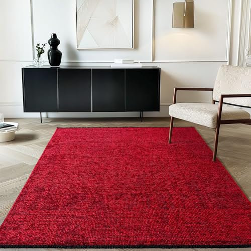 Carpetsale24 Baumwolle Teppich Rot 160x230 cm Waschbar, Boho-Stil, Vintage Kelim, Kurzflor, rutschfest & Weich, Einfarbig Meliert, Für Wohnzimmer, Schlafzimmer, Büro & Küche