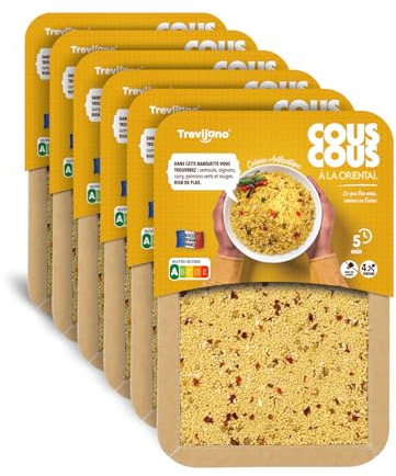 Trevijano Cous Cous Oriental: 6 barquettes de 300 g chacune. Sans additifs ni conservateurs, uniquement des ingrédients végétaux déshydratés : cous cous, oignon, poivron vert, poivron rouge, curry