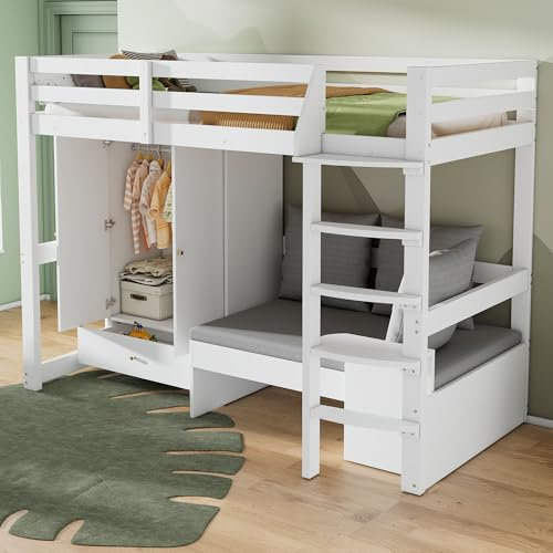 EINHOM Kinderbett 90x200 cm, Etagenbett mit Stauraum-Sofa und DREI Kissen & Auflagen, Hochbett mit Kleiderschrank, Massivholz, Weiß, Ohne Matratze
