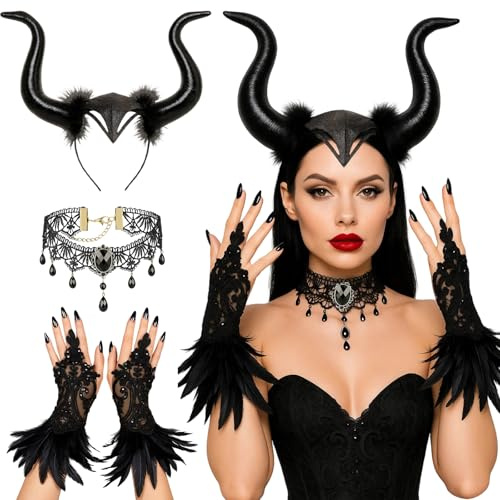 RxaGtn Hörner Kostüm, Halloween Kostüm Damen, Halloween Königin Hörner Kopfschmuck mit Schwarz Feder Handschuhen und Gothic Halskette für Halloween, Karneval, Maskerade und Cosplay