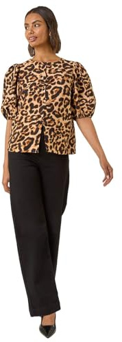 Roman Originals Animal Print Bow Blouse for Women UK - Ladies Everyday Autumn Winter Round Neckline Comfy Soft Evening Vacation Work Party Night Out - Beige - Size 16