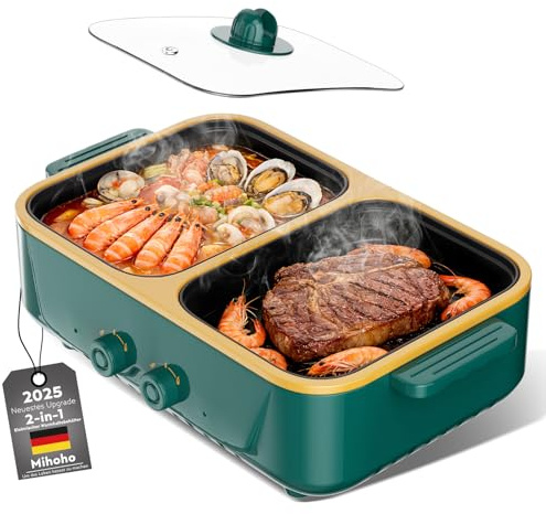 Elektrischer 2-in-1-Hotpot und BBQ Grill, 1000W zwei Temperaturstufen, schnelles Aufheizen – Kochgerät für den Innenbereich zum Grillen, Nudeln und mehr – geeignet für bis zu 3 Personen (Grün K)