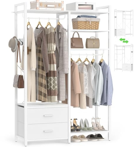 iSunirm Offener Kleiderschrank in Weiß, Kleiderständer mit 2 Schubladen & 2 Kleiderstangen, Moderne Garderobe Metall für Schlafzimmer, Stabiler Garderobenschrank Wendbar, 115 x 40 x 200 cm