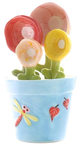 Kaktus-Messlöffel-Set im Topf, Keramik-Blumen-Messlöffel im dekorativen blauen Topf, niedliches Küchen- und Tassen-Set zum Backen und Kochen zu Hause