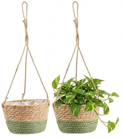 Lot de 2 pots de fleurs suspendus en jonc de mer tissé à la main avec corde de suspension, 20 cm, pour plantes grasses, herbes, pour l'intérieur et l'extérieur