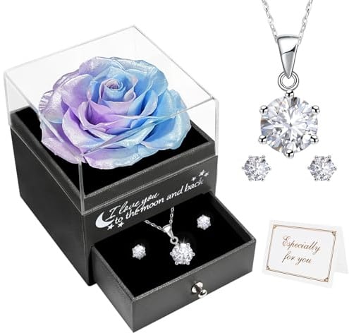 Miofula Rose Eternelle Coffret Cadeau Femme,Cadeau Fete des Meres,Fleur Eternelle avec Bijoux Argent 925,Je t'aime Rose avec Collier Femme Cadeau Anniversaire Femmes,Cadeau Fête des Mères pour Maman