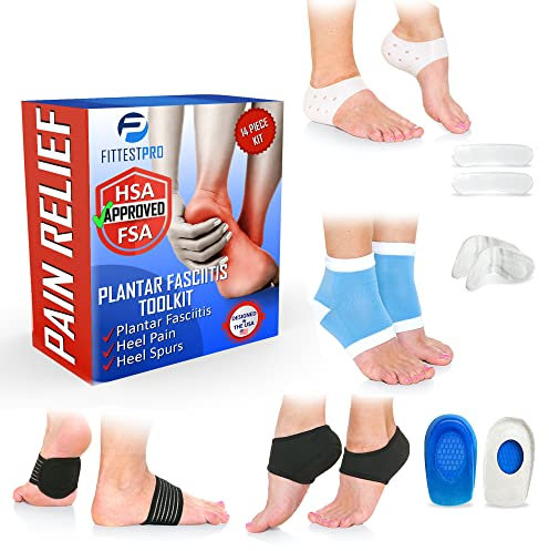 Fittest Pro Plantar Fasciitis Foot Pain Relief 14-Piece Kit – Premium Planter Fasciitis Support, Gel Heel Spur & Therapy Wraps, Compression Socks, Foot Sleeves, Arch Supports, Heel Cushion Inserts &