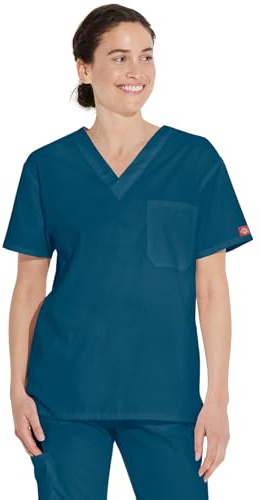 Dickies EDS Signature Scrubs for Men, Multi-Pocket V-Neck Scrub Top in Soft Brushed Poplin 81906, Caribbean Blue, Large