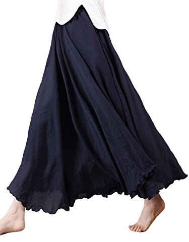 Damen Maxirock Baumwolle Lange Rock Tellerrock Doppelt Schicht Elastischer Bund für Freizeit Urlaub Strand - Schwarz Länge 85cm