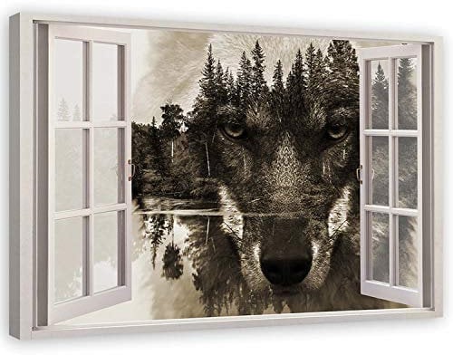Feeby Leinwand Bilder - Bild Wohnzimmer - Fensterblick Wolf Tiere Grau Braun - 120x80 cm XXL 1tlg - Deko Schlafzimmer Groß - Dekoration Canvas - Gemälde - Modern Wandbilder - Kunstdruck