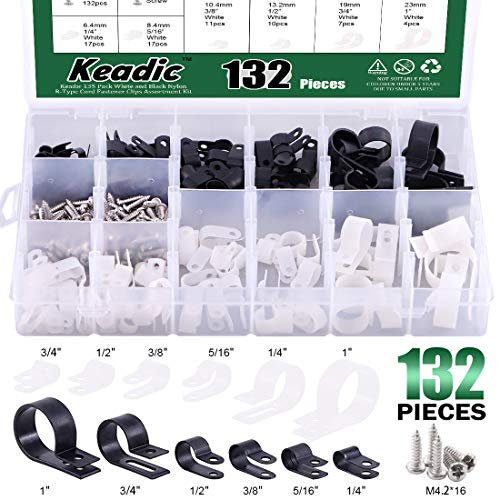SAKOBS 132 Pack R-Type Cable Clips & Screws Kit, Nylon Insulated White and Black Cord Fasteners for Wire Management