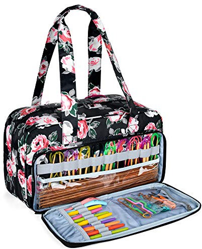 CURMIO Borsa porta filati, borsa tote per uncinetto, progetto di lavoro a maglia e accessori, ideale per principianti all'uncinetto e amanti del lavoro a maglia, solo borsa, Fiore nero