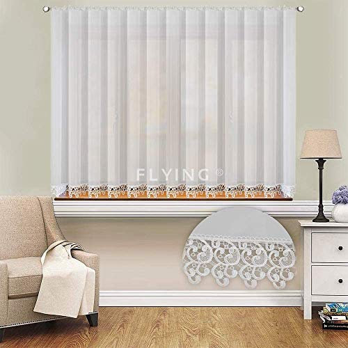 FKL Schöne Gardine aus Voile mit Kräuselband gardinen wohnzimmer weiss kurz fenster küche Gipüre Gardinen mit Kräuselband Modern Weiß LB-20 (150 x 300 cm)
