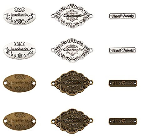 Cheriswelry 60 Stück handgefertigte Metall-Etiketten, oval, rechteckig, Rautenform, Knöpfe, Nähetiketten mit 2 Löchern, handgefertigter Schildverbinder für gestrickte Projekttaschen