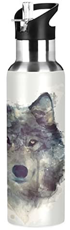 Mnsruu Aquarelle Main Dessiner Loup Isotherme Bouteille d'eau avec Paille, Gourde Sport en Acier Inoxydable 600ML Gourdes sans BPA pour Enfant Garçon Fille École Bureau