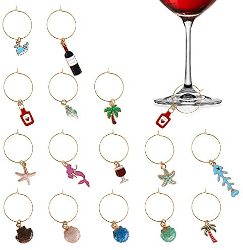 Prasacco 15 PCS Wine Charms for Glasses Wine Glass Charms Markers Tags Stem Glasses Drink Markers Beach Themed Bachelorette Wine Party Decorations
