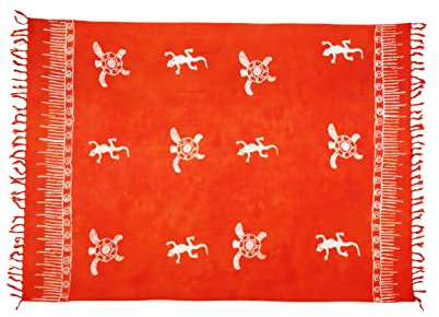 Pareo Sarong Strandtuch Damen - Wickelrock Strand - Handtuch Blickdicht als Wickeltuch oder Handtuchkleid und Wickelkleid Damen - Handarbeit aus Fair Trade Herstellung Batik Orange Tiere