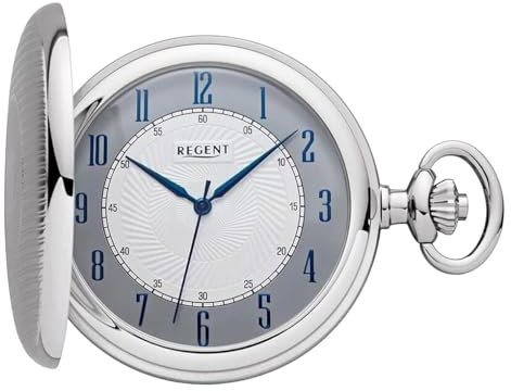 REGENT Orologio da tasca da uomo Savonnette Coperchio pieghevole Cromato 50 MM Quarzo Bianco Quadrante Grigio Numeri arabi, P-727 - Lancette blu / stemma, Classico