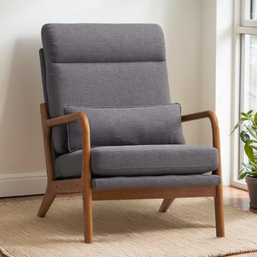 Karl home Accent Chair Mid-Century Modern Chair with Pillow High Back Linen Fabric Upholstered Lounge Arm Chair with Solid Wood Frame & Soft Cushion for Living Room, Bedroom, Balcony, Gray