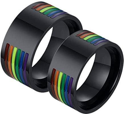Hoisy Verlobungsring und Ehering Set, Ringe Damen Schwarz Schwarzer LGBT-Ring mit Regenbogen-Emaille 10MM Frauen 62 (19.7) und Männer 67 (21.3)