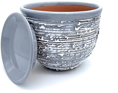 Pot de fleurs en céramique émaillée avec soucoupe et bac d'égouttement assorti (23 cm x 17 cm, gris)