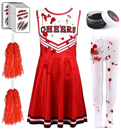 Kavoc - Ensemble costume de pom-pom girl zombie, 5 pièces, comprend robe, collants, pompons, autocollants et faux sang en gel, pour filles, déguisement pour Halloween (10-12 ans, rouge)