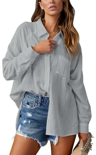 Nonsar - Camicia elegante da donna, a maniche lunghe, con scollo a V, stile casual e alla moda, con taschino, grigio., XXL