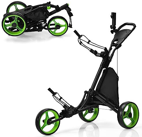 COSTWAY 3 Wheel Golf Push Pull Cart, Lightweight Foldable Golf Trolley with Adjustable Height Handle, Umbrella Stand, Cup Holder and Foot Brake (122 x 69 x 114cm, Green, no Detachable Stool)