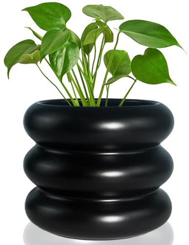 Cusmation Pot de fleurs moderne de 16,5 cm en céramique émaillée pour intérieur - Pot unique avec trous de drainage - Petites bulles mignonnes en porcelaine pour herbes et serpents - Noir