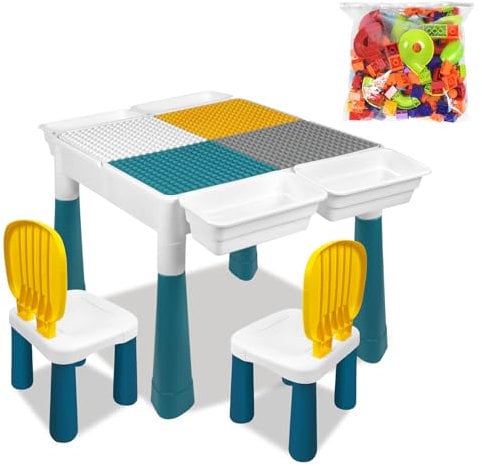 CEEDIR 6 in 1 Kindertisch Spieltisch Multifunktionaler Aktivitätstisch Set Basteltisch mit 163 Stück Bausteine & 2 Stühle für Kinderzimmer und Kindergarten für Kinder Baustein Tisch Stuhl