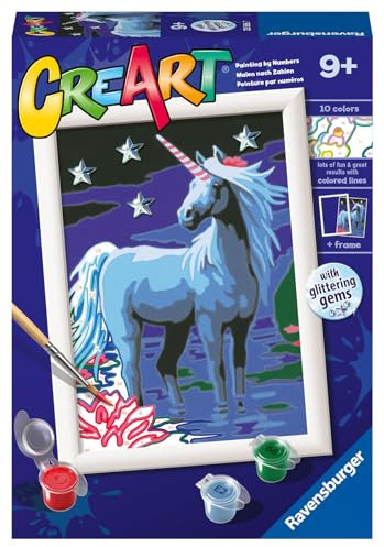 Ravensburger - CreArt Série E Classic : licorne magique, kit de peinture par numéros, contient une planche pré-imprimée, un pinceau, des couleurs et des accessoires, jeu créatif pour enfants de 9 ans