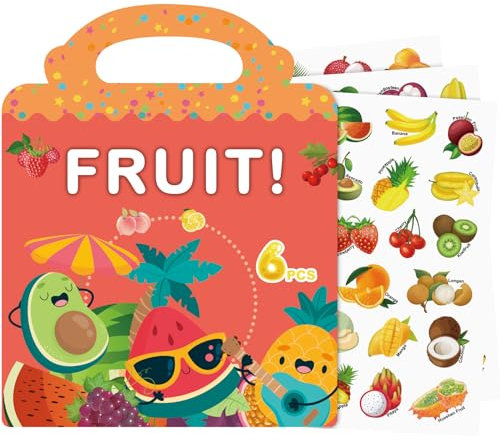 Wiederverwendbare Stickerbuch, Sticker Book für Kinder, 6 Blätter Obst Stickerbücher für 3 4 5 6 Jahre Jungen Mädchen Kleinkinder, 3D Klare Sticker für Lernspielzeug Geschenke
