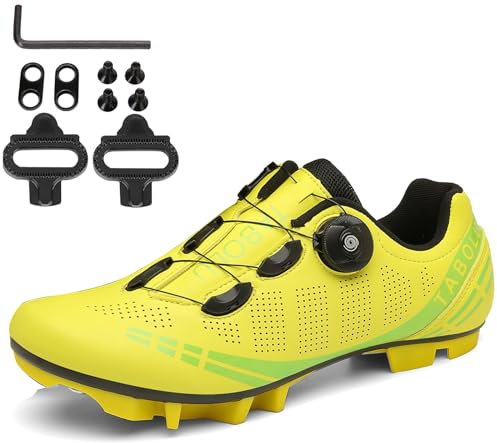 PENXZT MTB Radsportschuhe Herren Damen Mountainbike Schuhe Kompatibel Mit SPD 2 Schrauben Mit Cleats, Unisex Fahrradschuhe Draussen,Gelb,45 EU