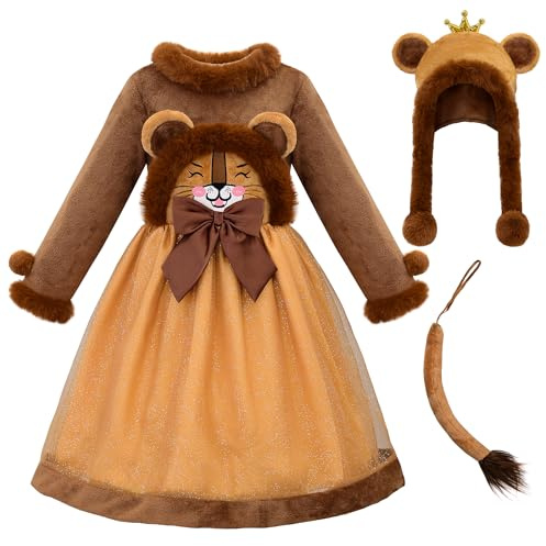 ReliBeauty Löwenkostüm Kinder Mädchen 98-146 mit Löwen Ohren Haarreif und Löwesschwanz Fasching Karneval