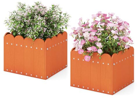 GOPLUS Lot de 2 Carrée Potager en HDPE, Jardinières Extérieurs Imtempérables,Trous de Drainage pour Légumes, Fleurs, Herbes, pour Terrasse, Jardin, Balcon (32x30x25cm,Orange)
