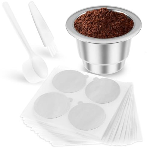 Lot de 2/1 Capsules de café réutilisables avec couvercles en Feuille d'aluminium, cuillère et Brosse en Acier Inoxydable 304, compatibles avec Les Machines à café Series (A)