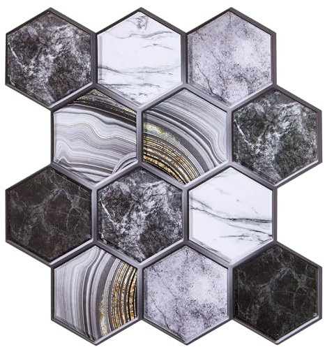 Warmiehomy 3D Tile Stickers Self Adhesive Wall Tiles 30x30cm 36Pcs Peel and Stick Wall Tile Stickers Waterproof Vinyl for Living Room Kitchen Bedroom Bathroom(Black-White-Grey Marble)