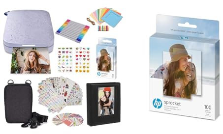 HP Sprocket Portable 2x3 Zoll Sofortbilddrucker (Lila) Starter-Kit & Sprocket Premium Zink Fotopapier mit klebender Rückseite, 5 x 7,6 cm, 100 Blatt, kompatibel Sprocket Fotodruckern