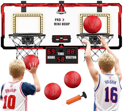 HYES Dual Basketball Hoop for Kids, 2 Player Mini Basketball Hoop with LED Lights, Indoor Mini Hoop with 4 Balls, Scoreboard, Pump, Over Door Basketball Toy Gifts for Kids Boys Girls - Red