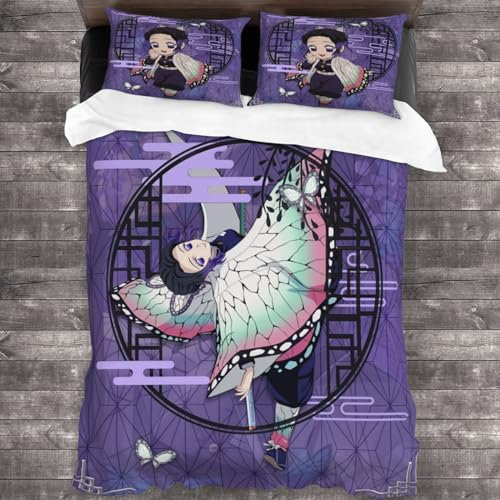 Anjinguang Nezuko Tanjiro Inosuke Bettwäsche-Set, 3-teilig, Anime-Charaktere, Bettbezug (mit 2 Kissenbezügen), Cartoon-Bettbezug, Bettdeckenbezug, Einzel-/Doppel-/Kingsize-Größe, für Erwachsene,