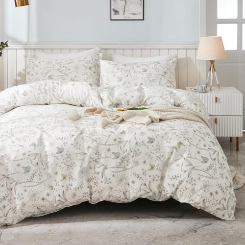 Covebett Cotton Duvet Cover Single Size White Grey Leaves Leaf Butterfly Bedding Set 2pcs, 1 Soft Cosy Quilt Comforter Cover 135x200 cm with Zipper Closure and 1 Pillowcase 50x75 cm